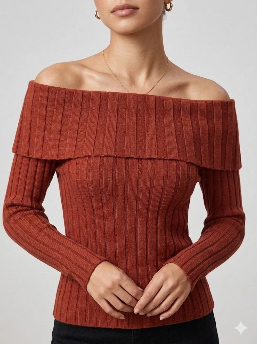 INC Women's Brick Red Off-The-Shoulder Ribbed Sweater Large